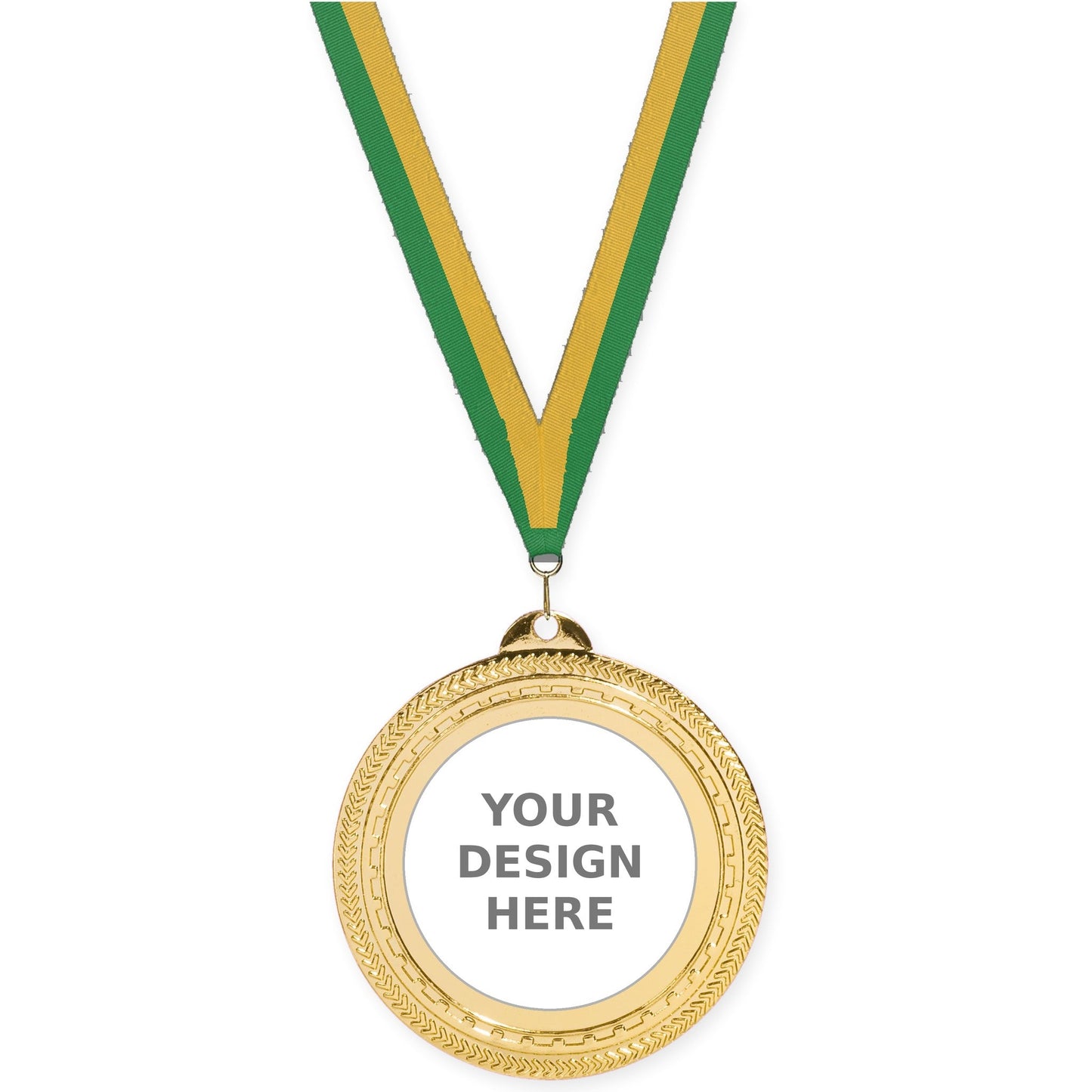 2 3/4 inch Rope Edge insert medal in bright gold with Green Gold neck ribbon