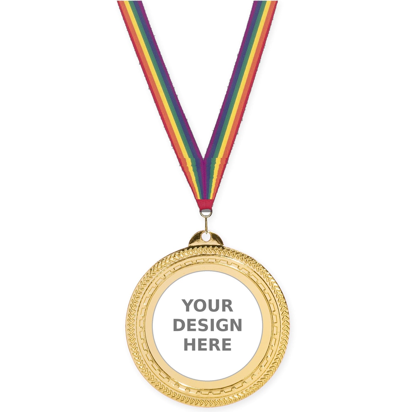 2 3/4 inch Rope Edge insert medal in bright gold with Rainbow neck ribbon