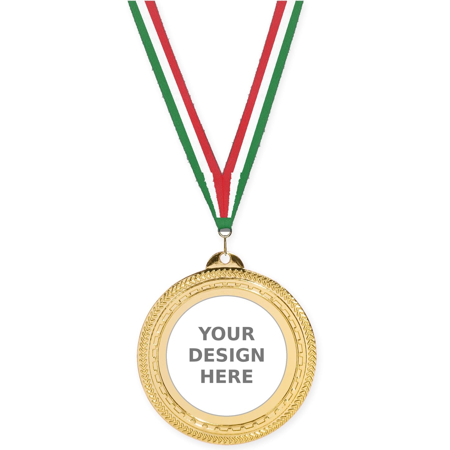 2 3/4 inch Rope Edge insert medal in bright gold with Green White Red neck ribbon