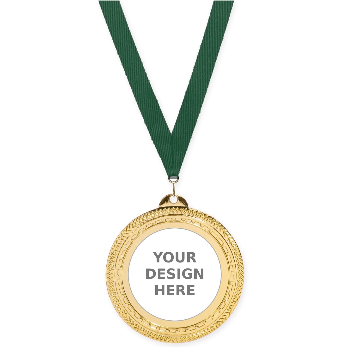 2 3/4 inch Rope Edge insert medal in bright gold with Hunter Green neck ribbon