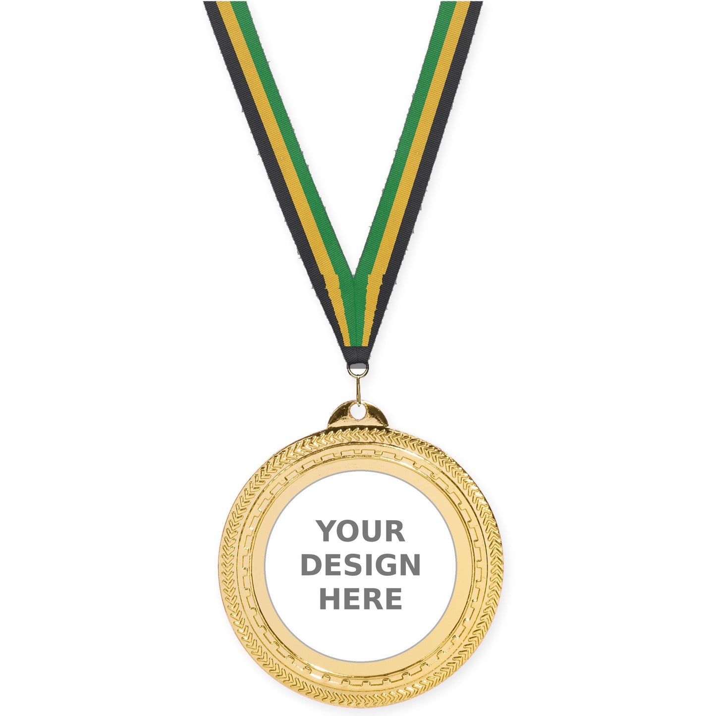 2 3/4 inch Rope Edge insert medal in bright gold with Black Gold Green neck ribbon