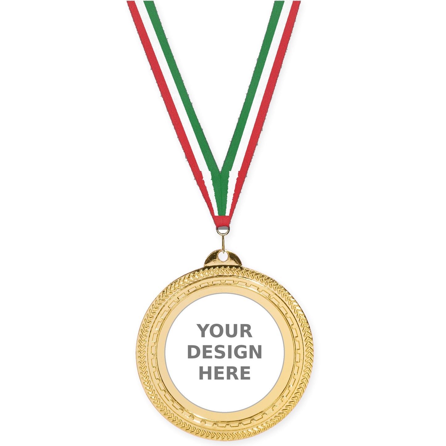 2 3/4 inch Rope Edge insert medal in bright gold with Red White Green neck ribbon