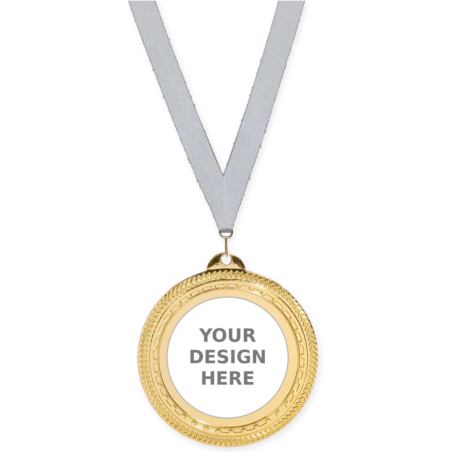 2 3/4 inch Rope Edge insert medal in bright gold with Silver Metallic neck ribbon