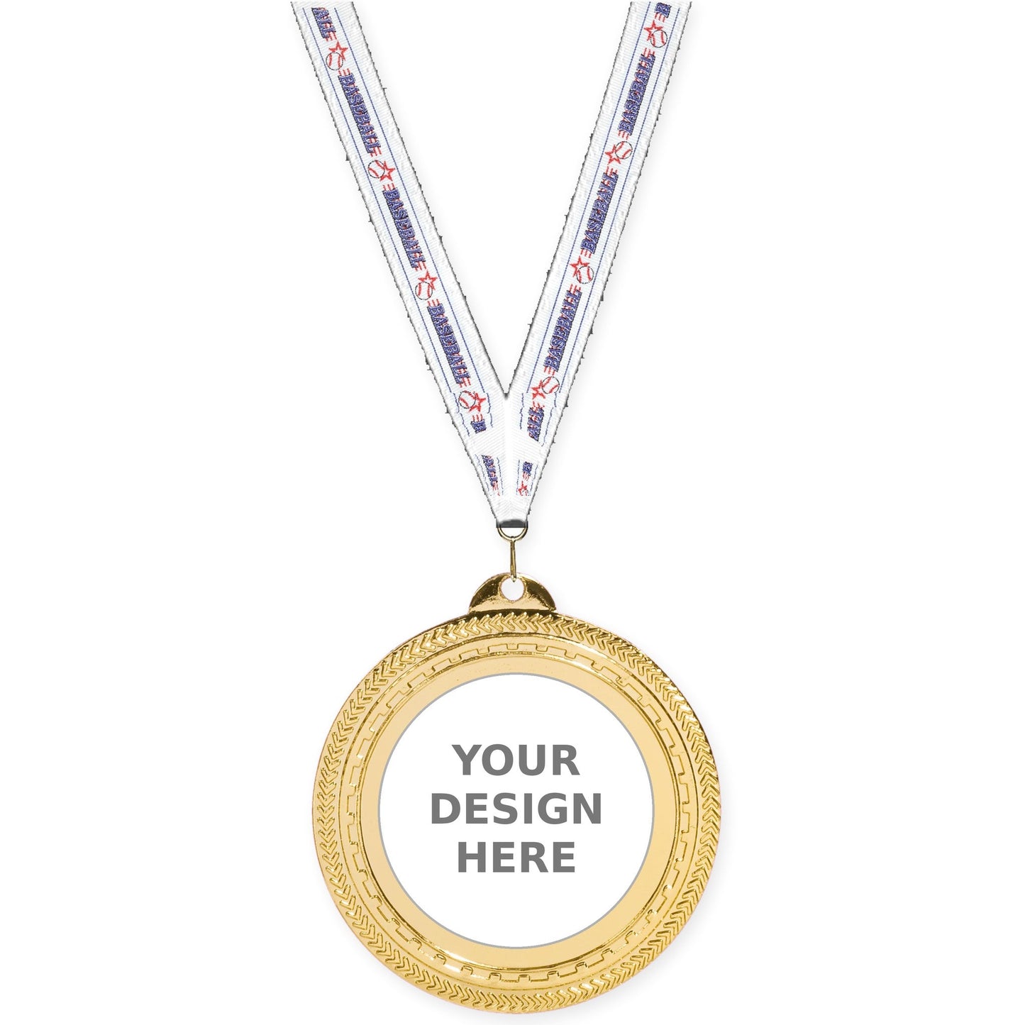 2 3/4 inch Rope Edge insert medal in bright gold with Baseball neck ribbon
