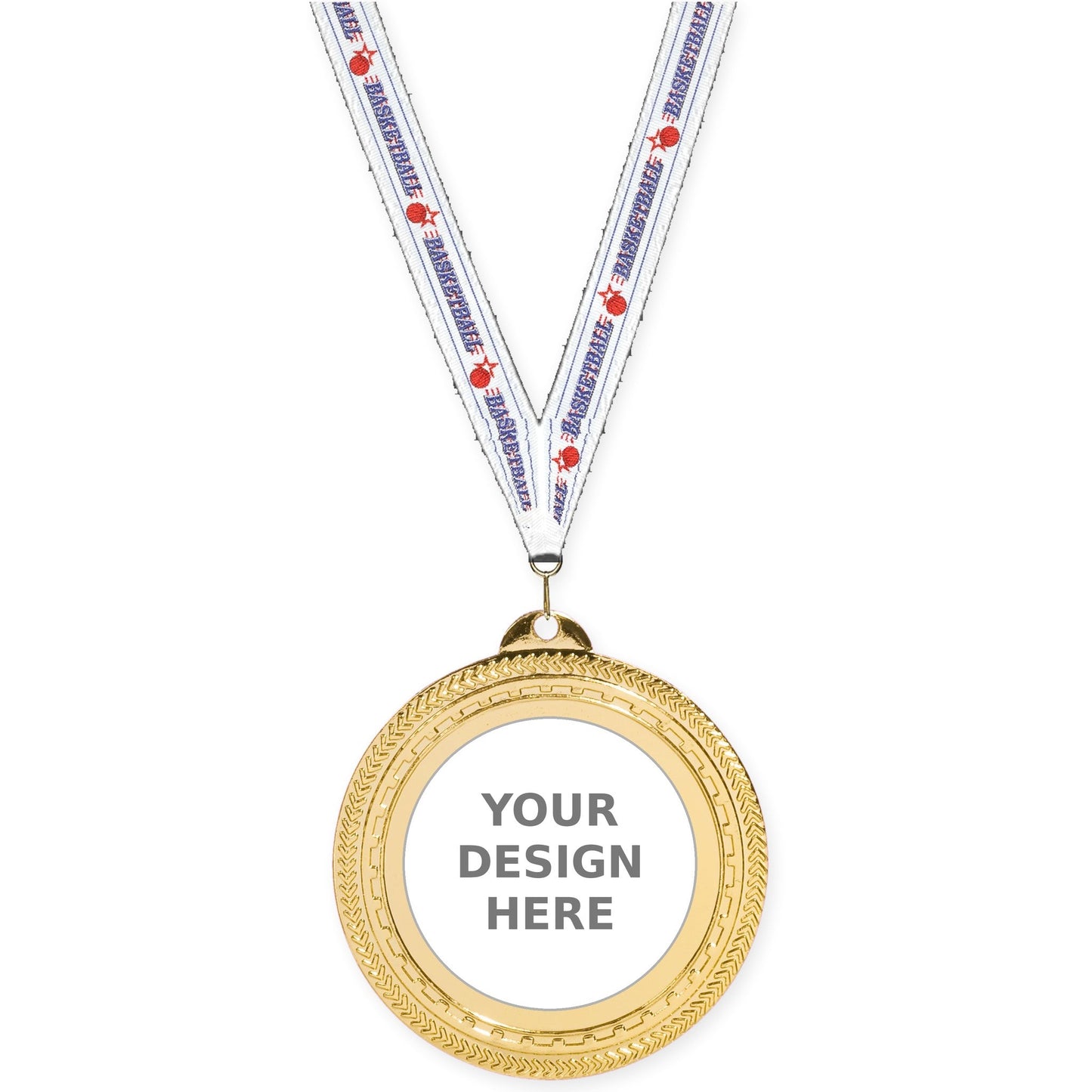 2 3/4 inch Rope Edge insert medal in bright gold with Basketball neck ribbon