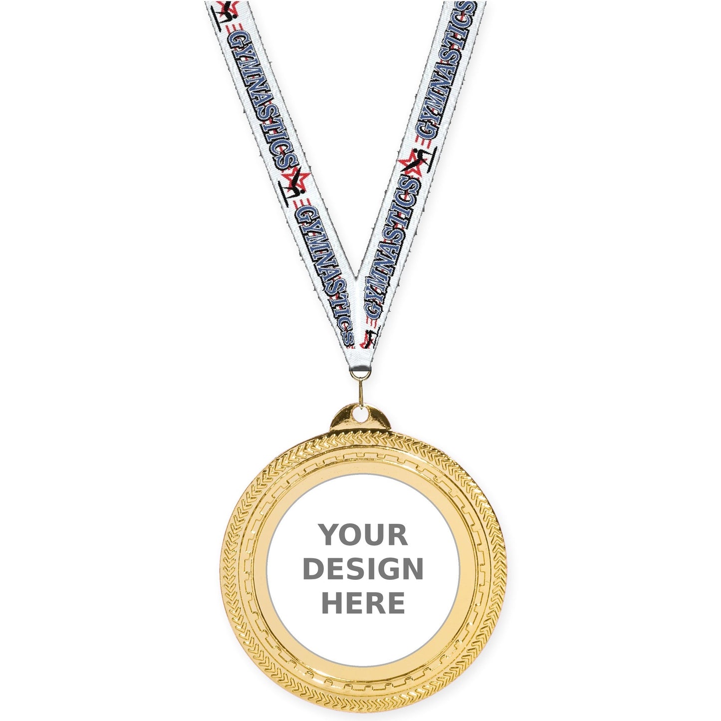 2 3/4 inch Rope Edge insert medal in bright gold with Gymnastics neck ribbon