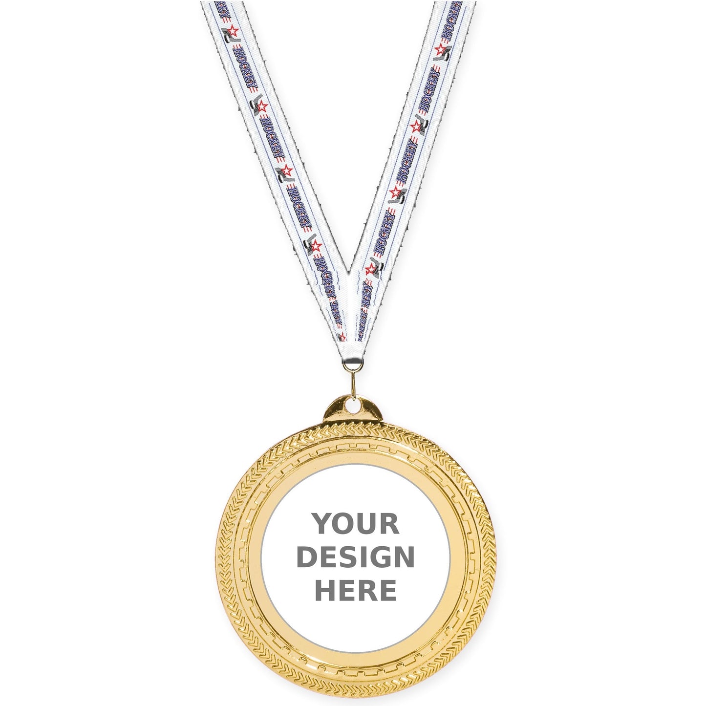 2 3/4 inch Rope Edge insert medal in bright gold with Hockey neck ribbon