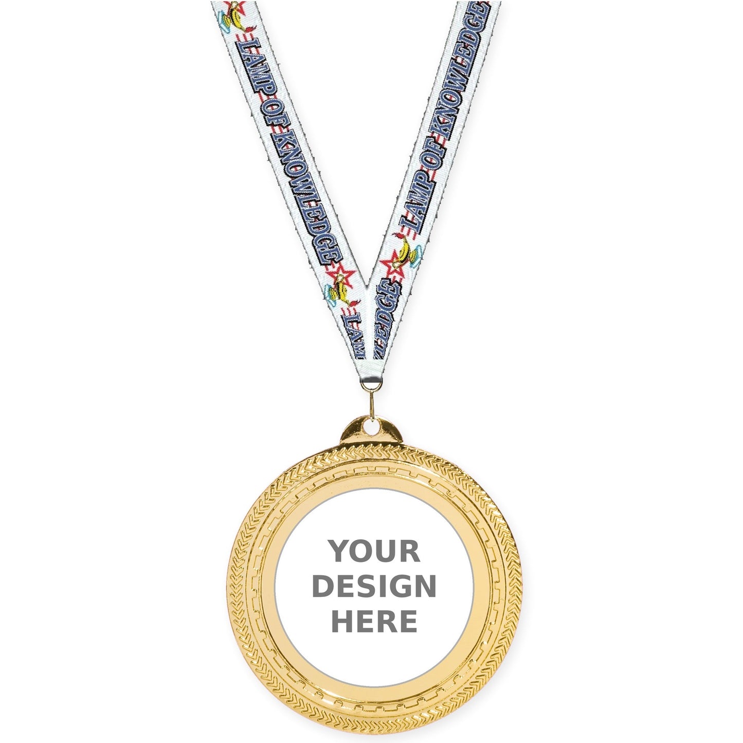 2 3/4 inch Rope Edge insert medal in bright gold with Lamp Of Knowledge neck ribbon