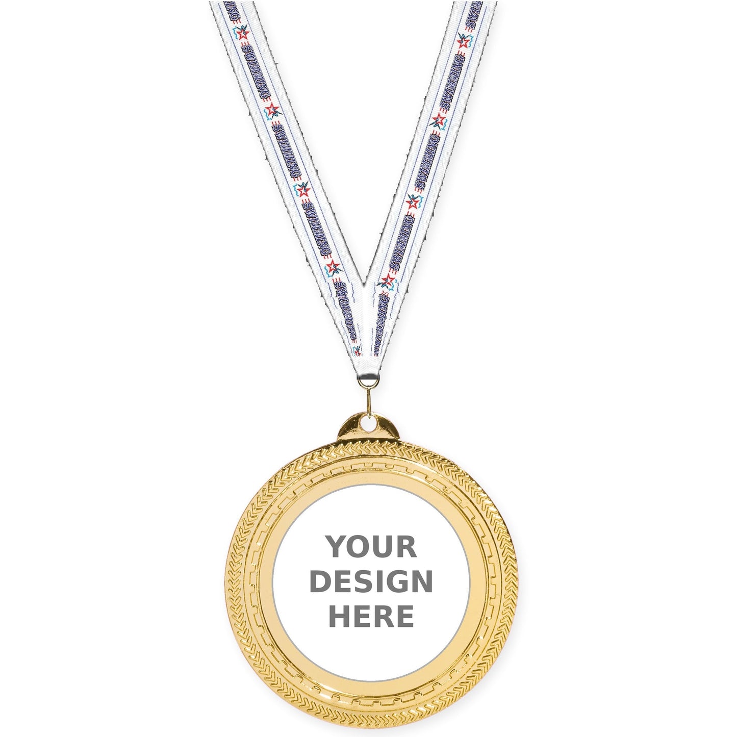 2 3/4 inch Rope Edge insert medal in bright gold with Swimming neck ribbon