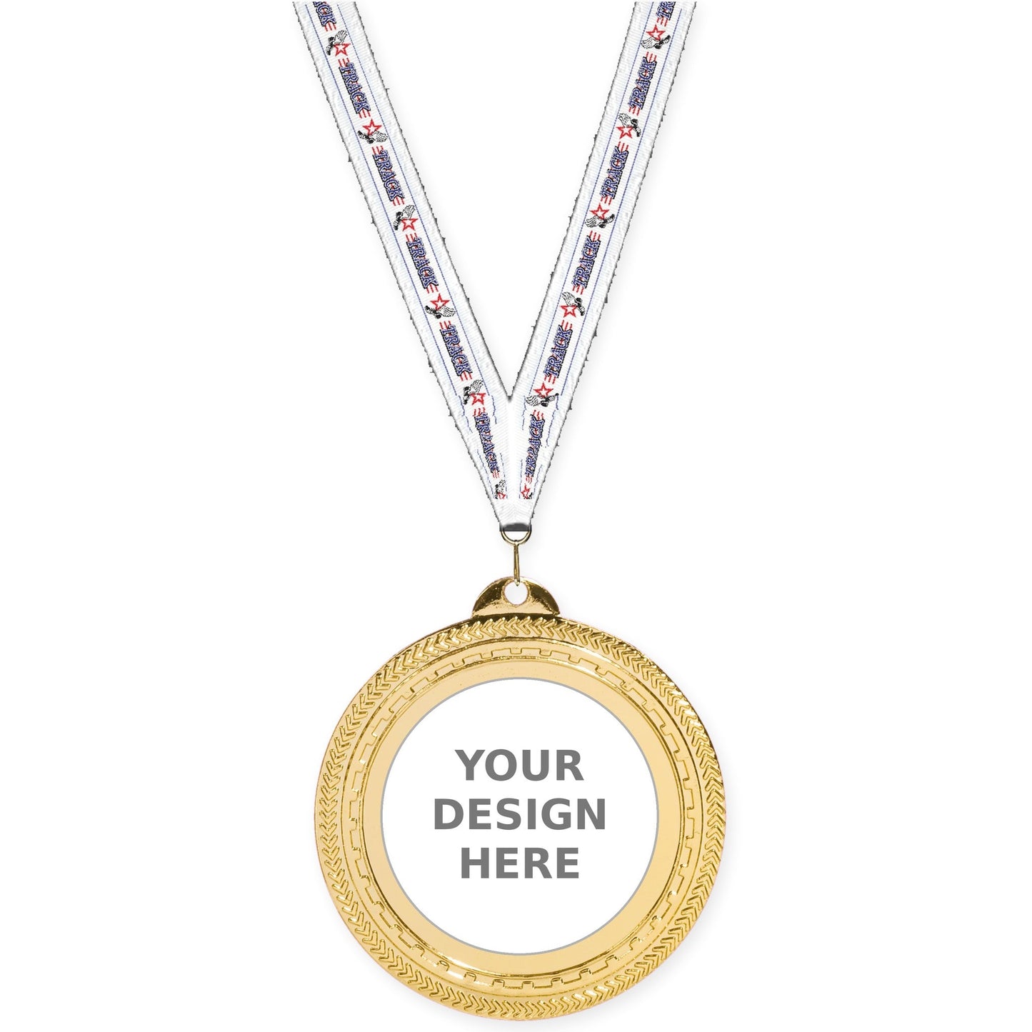 2 3/4 inch Rope Edge insert medal in bright gold with Track neck ribbon