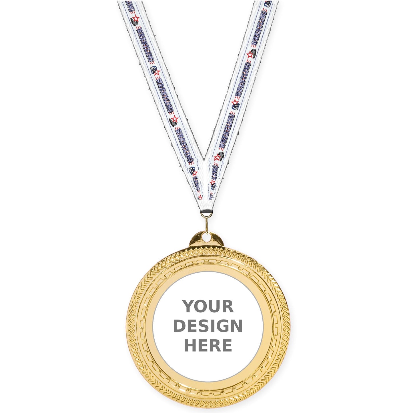 2 3/4 inch Rope Edge insert medal in bright gold with Wrestling neck ribbon