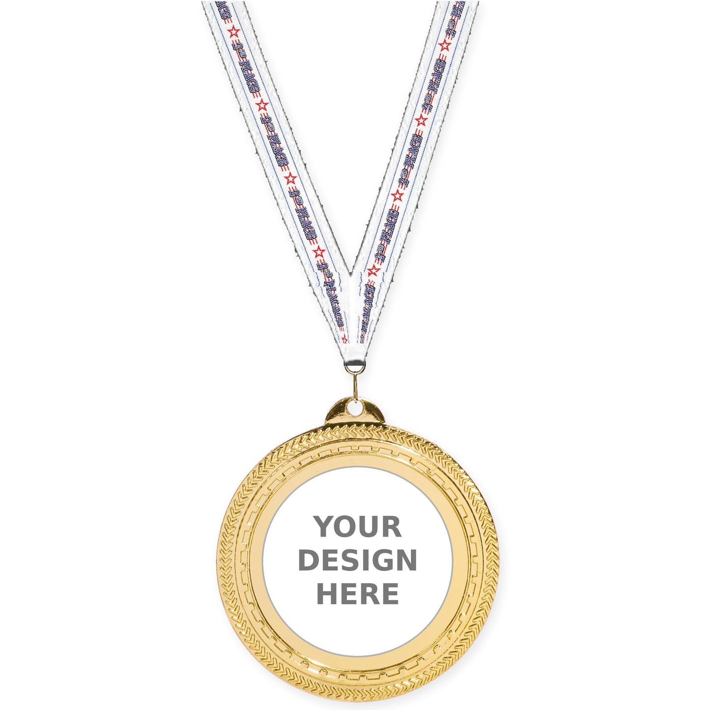 2 3/4 inch Rope Edge insert medal in bright gold with 2nd Place neck ribbon