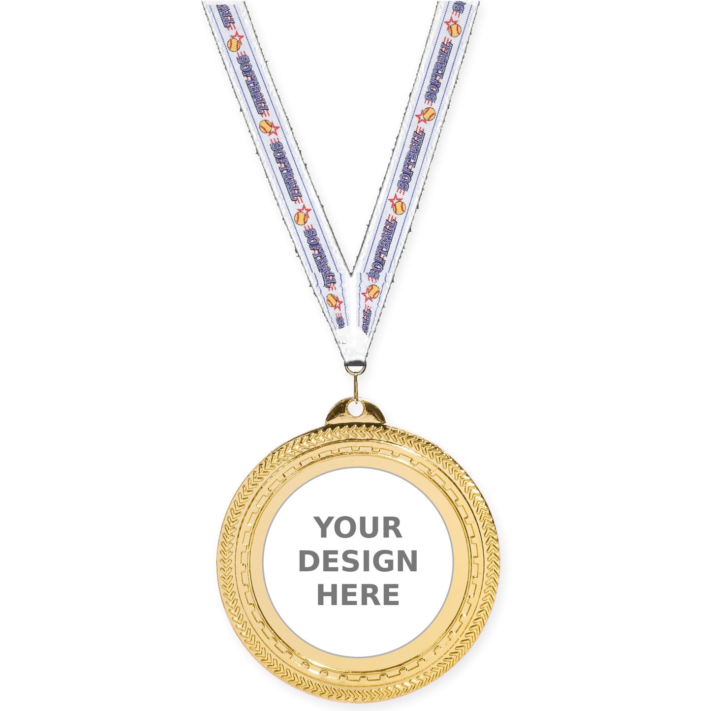 2 3/4 inch Rope Edge insert medal in bright gold with Softball neck ribbon