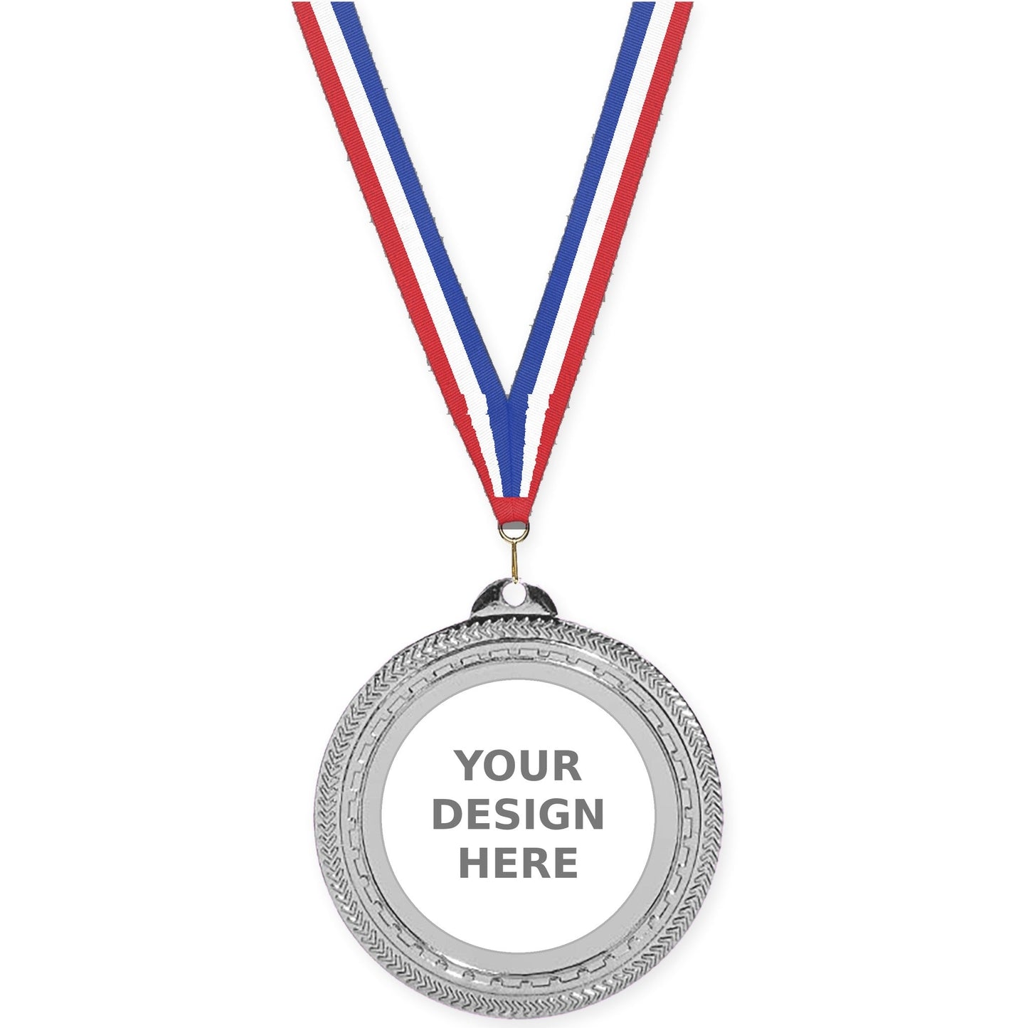 2 3/4 inch Rope Edge insert medal in bright silver with Red White Blue neck ribbon