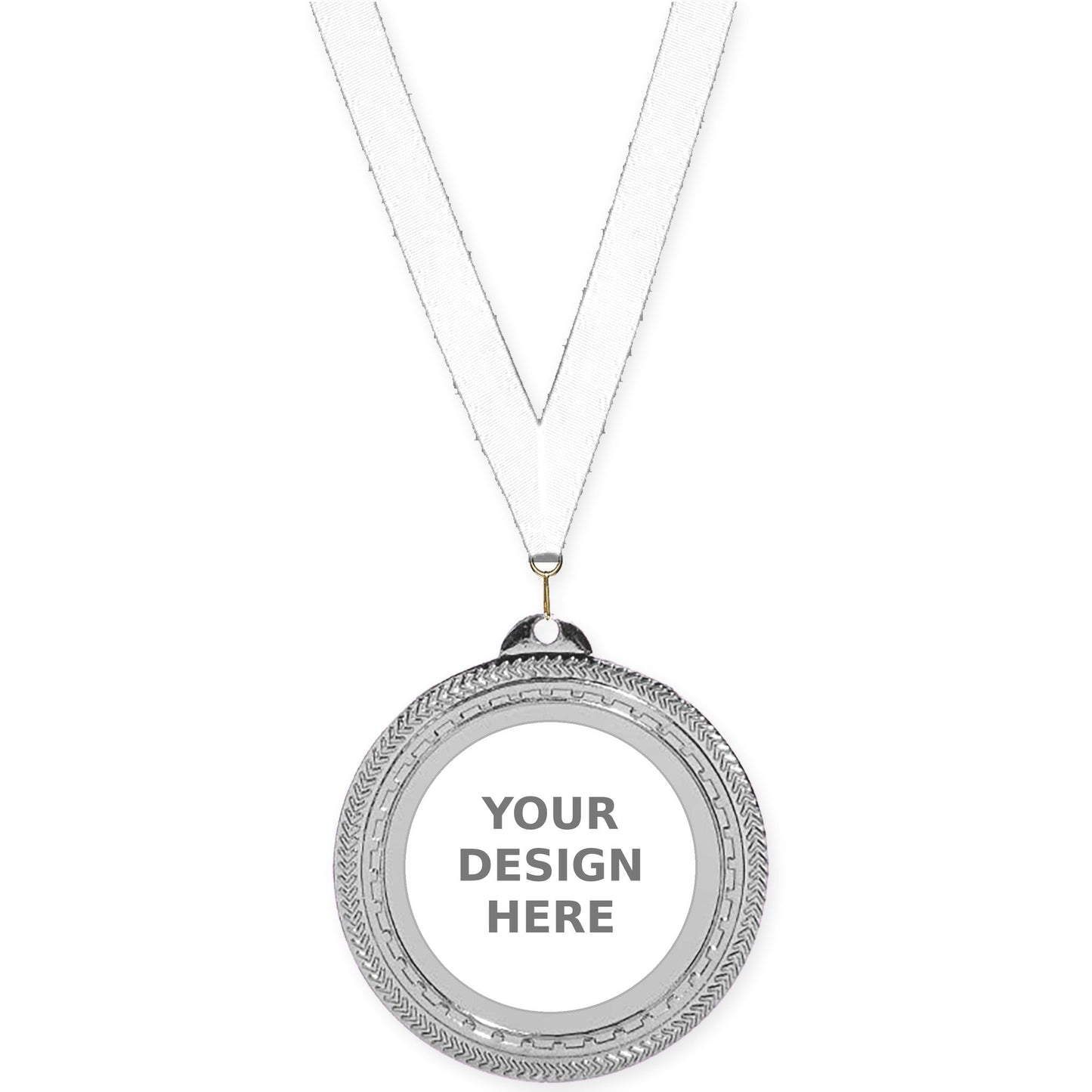 2 3/4 inch Rope Edge insert medal in bright silver with White neck ribbon