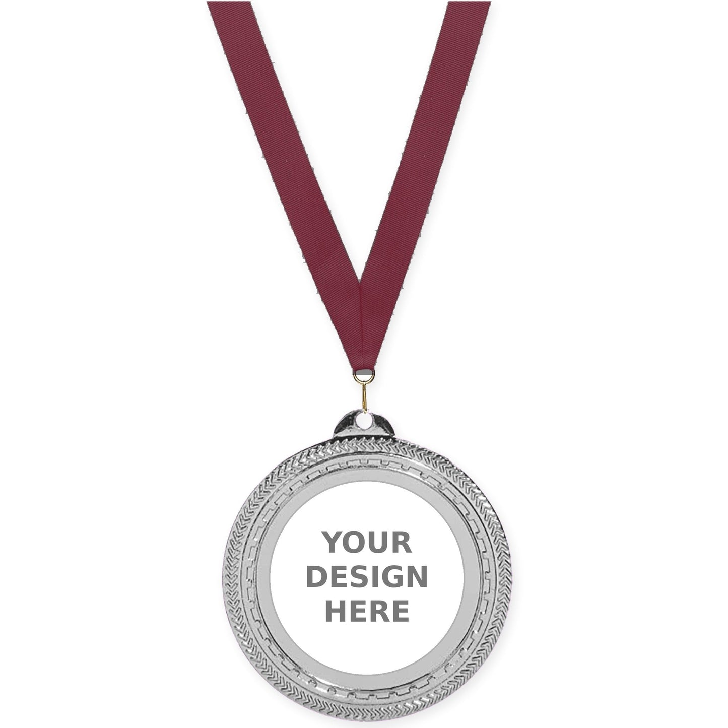 2 3/4 inch Rope Edge insert medal in bright silver with Maroon neck ribbon