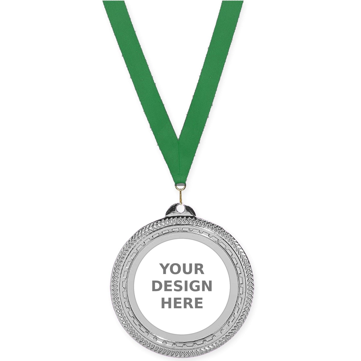 2 3/4 inch Rope Edge insert medal in bright silver with Green neck ribbon