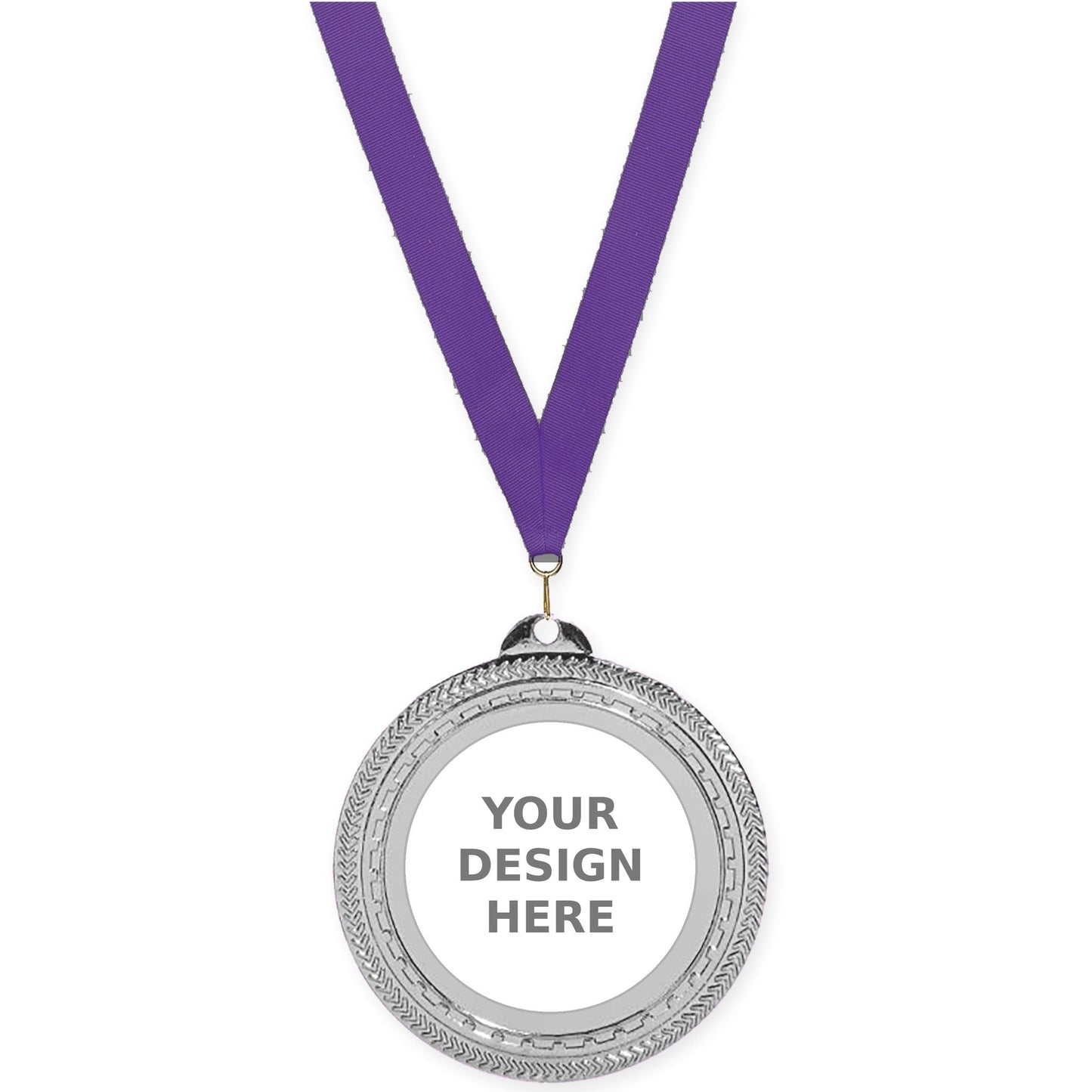 2 3/4 inch Rope Edge insert medal in bright silver with Purple neck ribbon