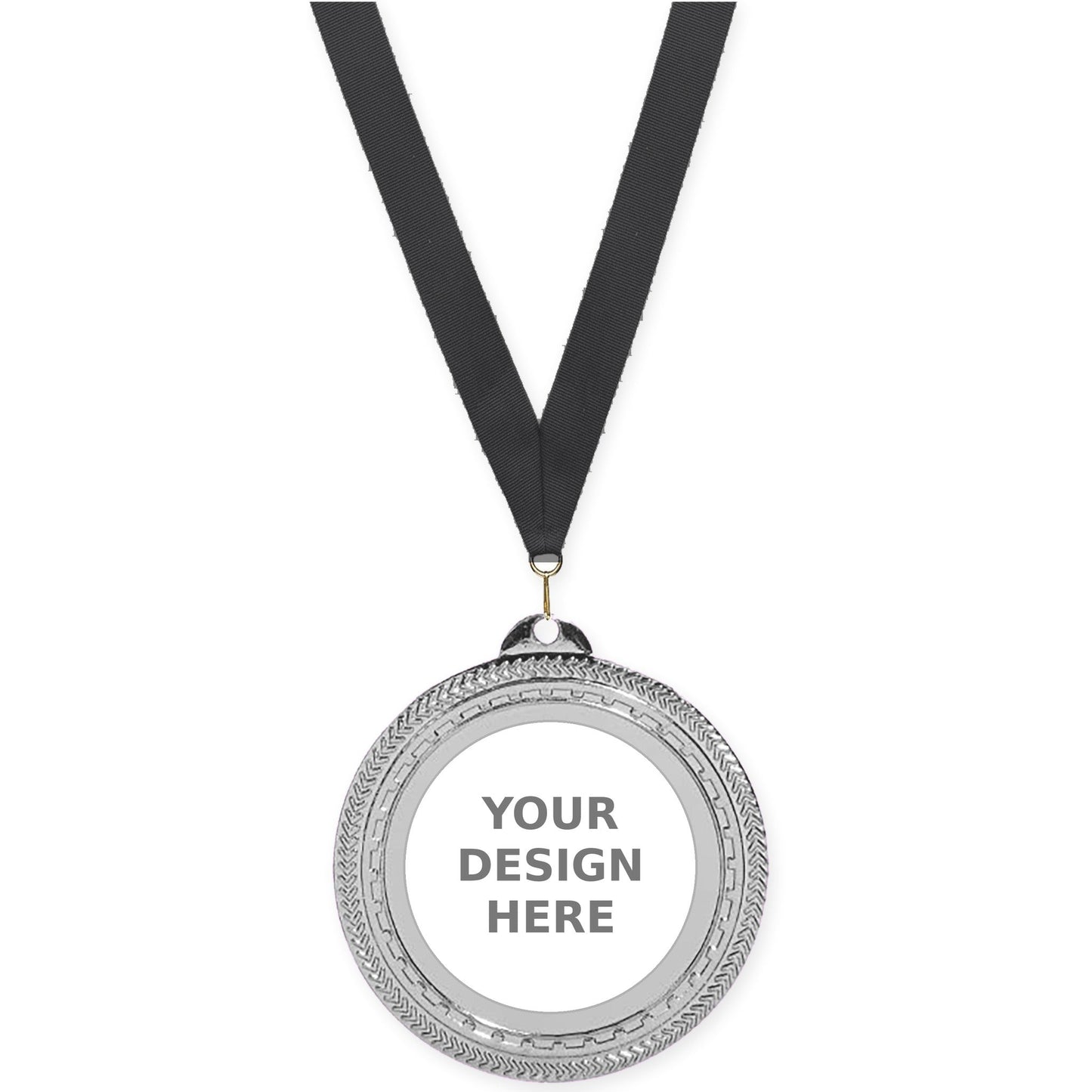 2 3/4 inch Rope Edge insert medal in bright silver with Black neck ribbon