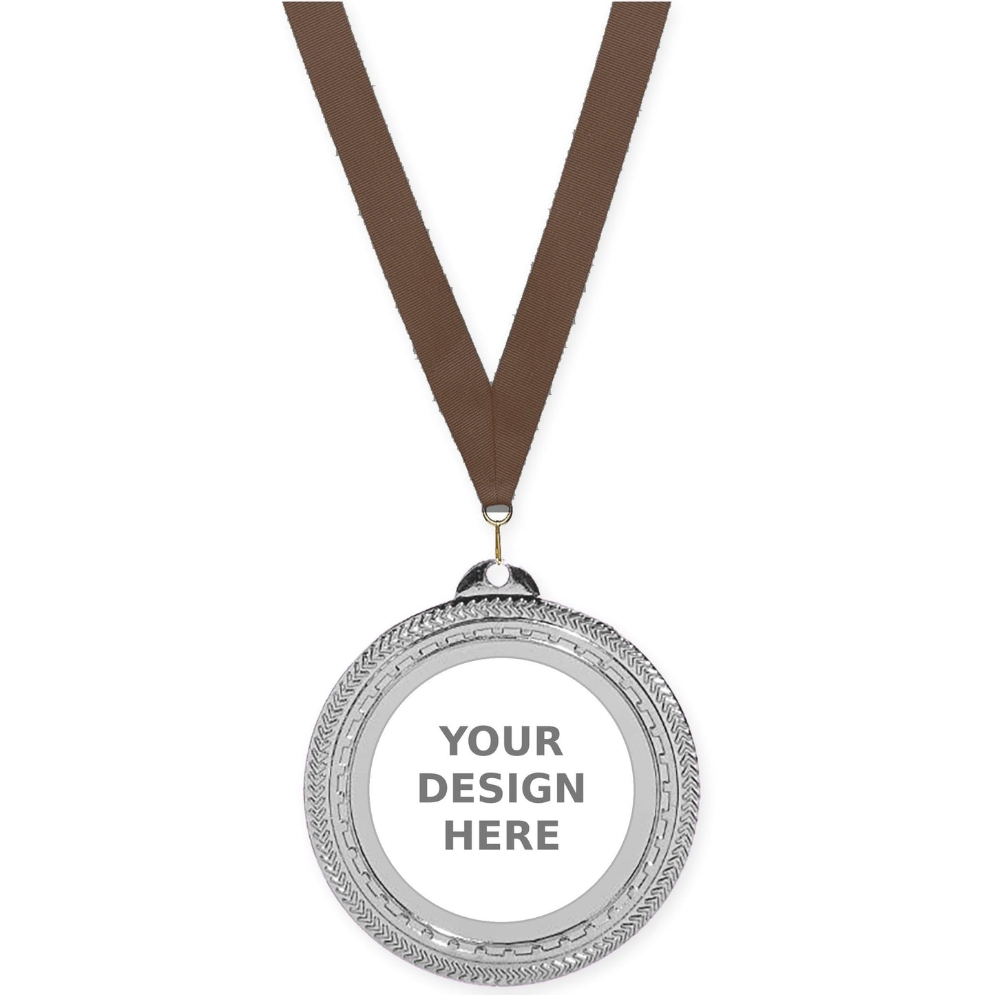 2 3/4 inch Rope Edge insert medal in bright silver with Brown neck ribbon
