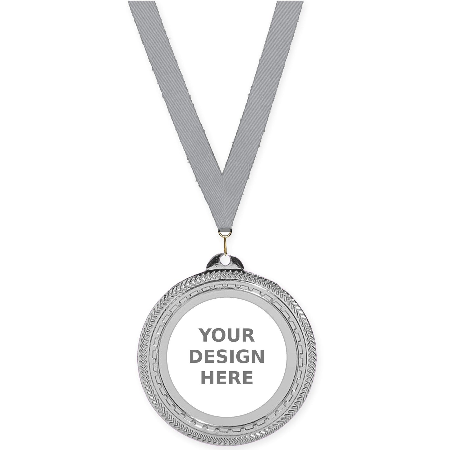 2 3/4 inch Rope Edge insert medal in bright silver with Gray neck ribbon
