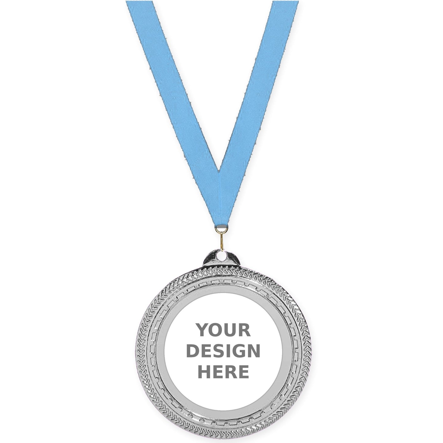2 3/4 inch Rope Edge insert medal in bright silver with Light Blue neck ribbon