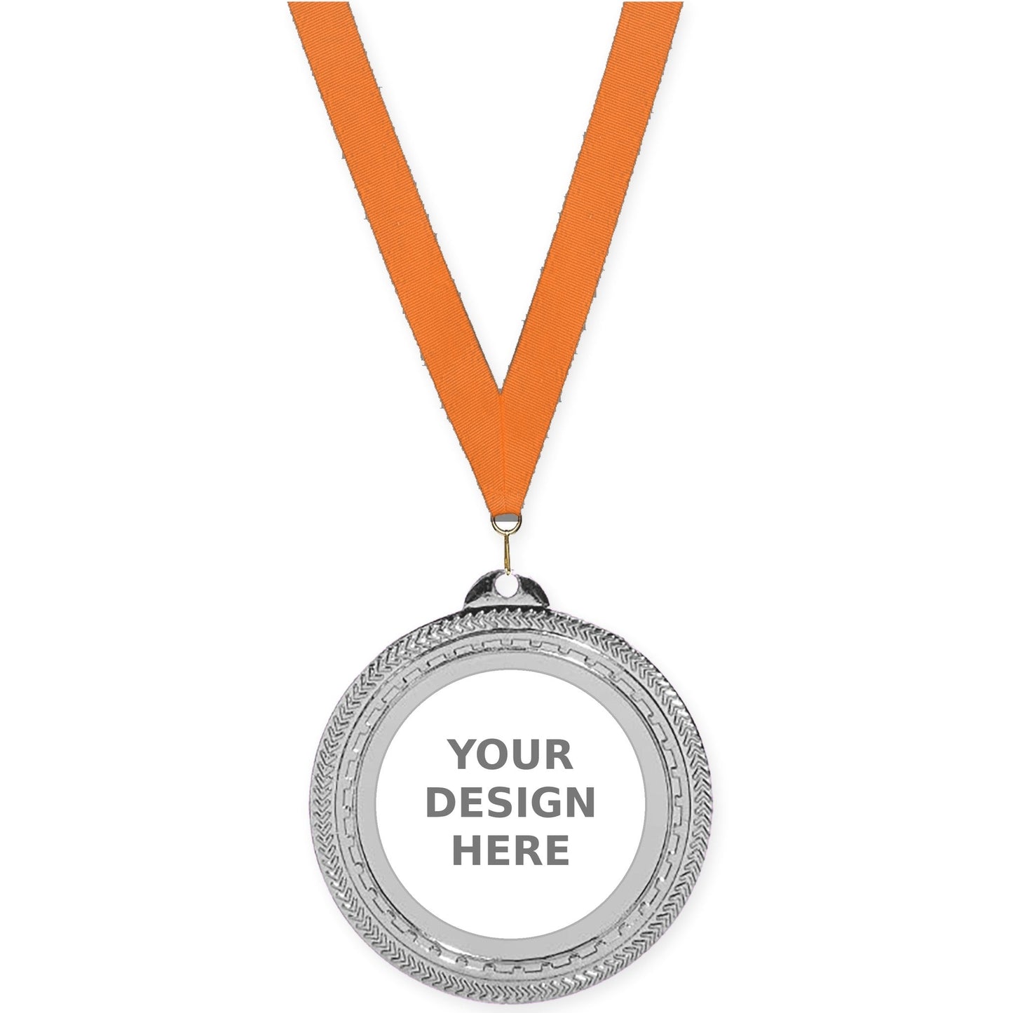 2 3/4 inch Rope Edge insert medal in bright silver with Orange neck ribbon