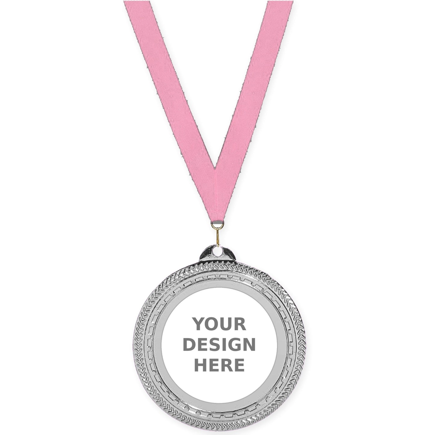 2 3/4 inch Rope Edge insert medal in bright silver with Pink neck ribbon