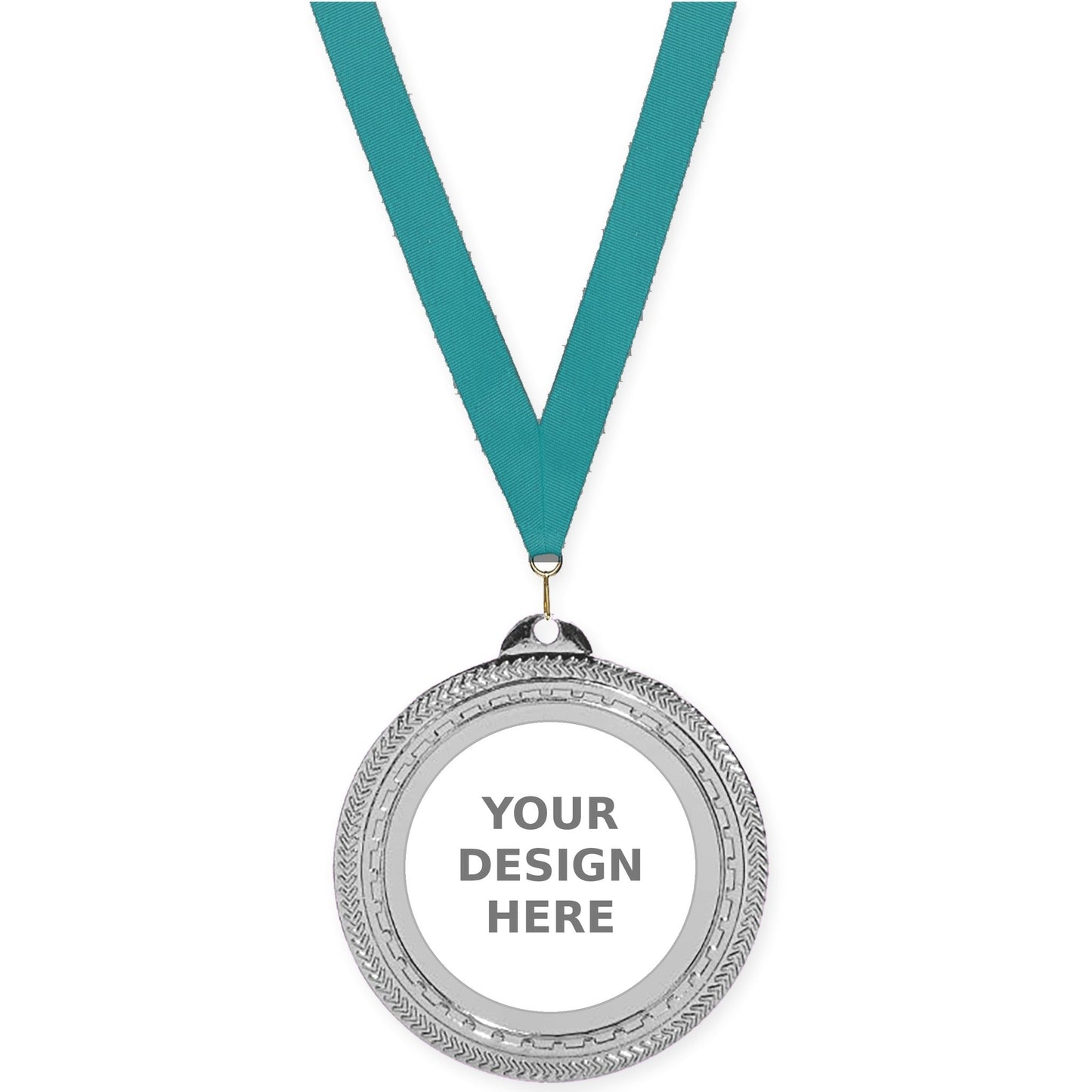 2 3/4 inch Rope Edge insert medal in bright silver with Teal neck ribbon
