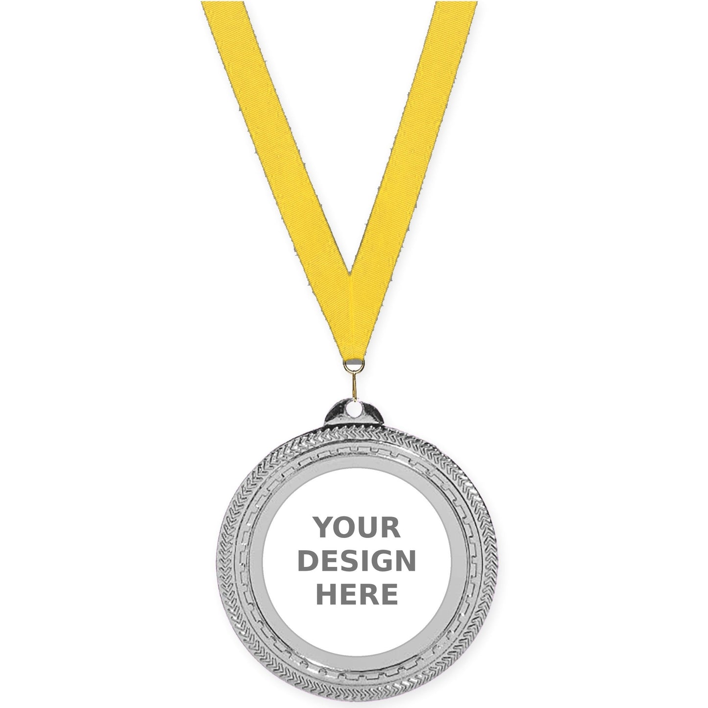 2 3/4 inch Rope Edge insert medal in bright silver with Yellow neck ribbon