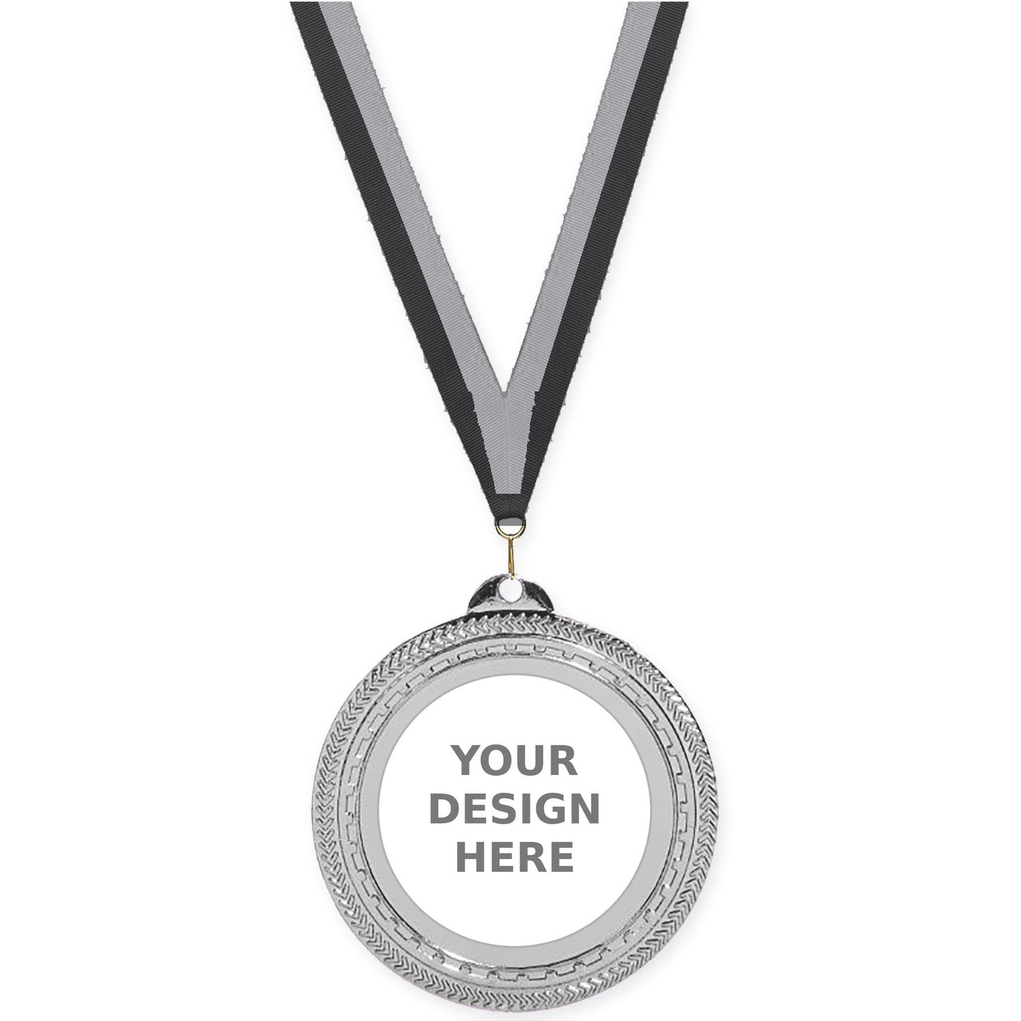 2 3/4 inch Rope Edge insert medal in bright silver with Black Gray neck ribbon