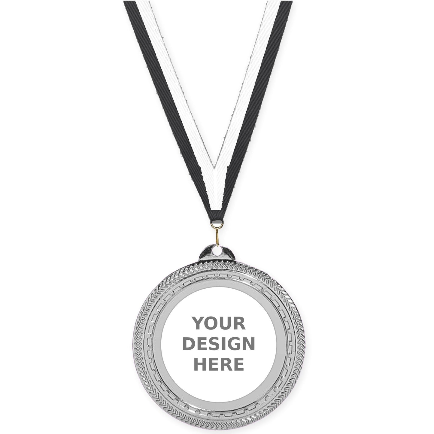2 3/4 inch Rope Edge insert medal in bright silver with Black White neck ribbon