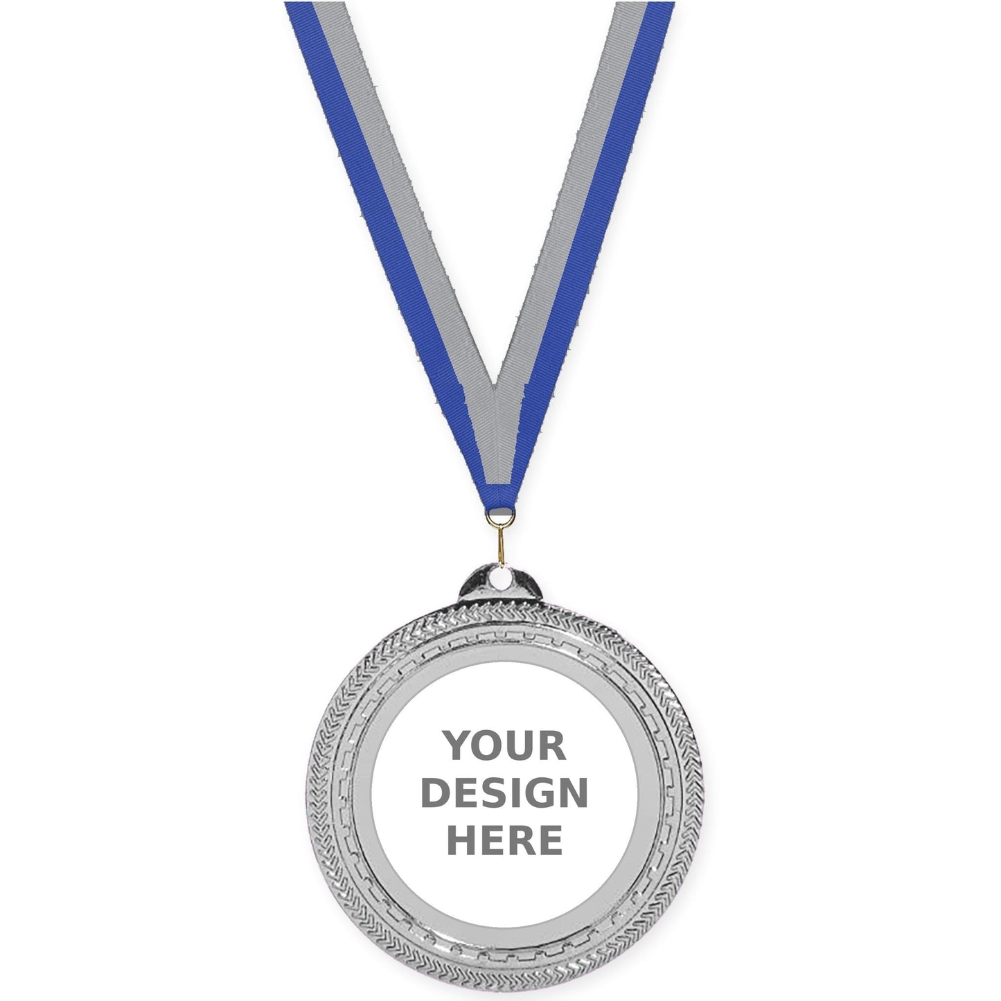 2 3/4 inch Rope Edge insert medal in bright silver with Blue Gray neck ribbon