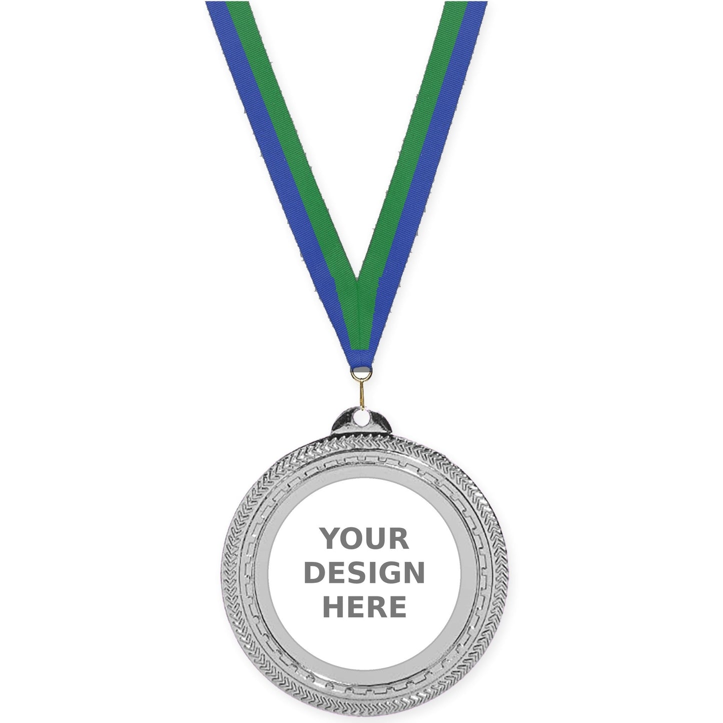 2 3/4 inch Rope Edge insert medal in bright silver with Blue Green neck ribbon