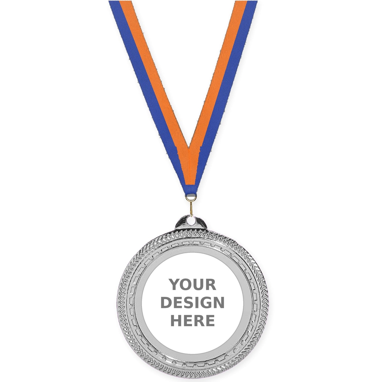 2 3/4 inch Rope Edge insert medal in bright silver with Blue Orange neck ribbon