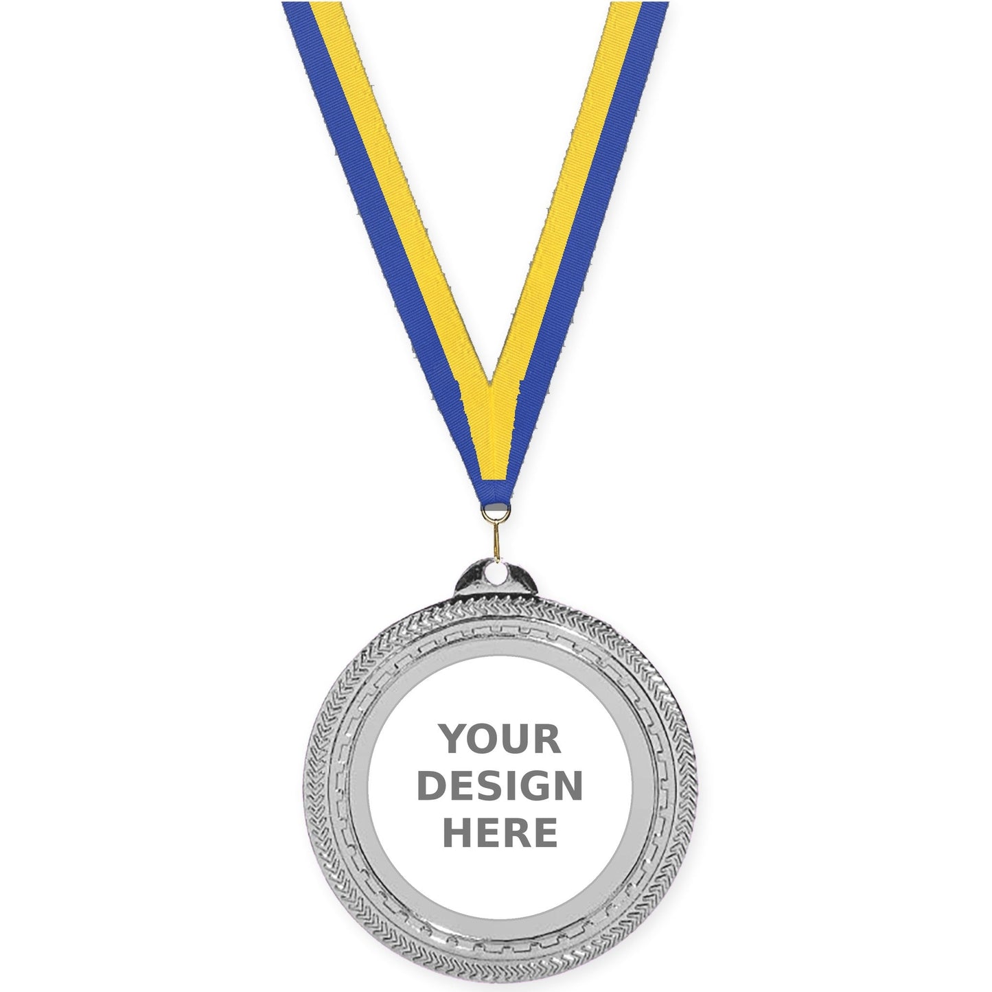 2 3/4 inch Rope Edge insert medal in bright silver with Blue Yellow neck ribbon