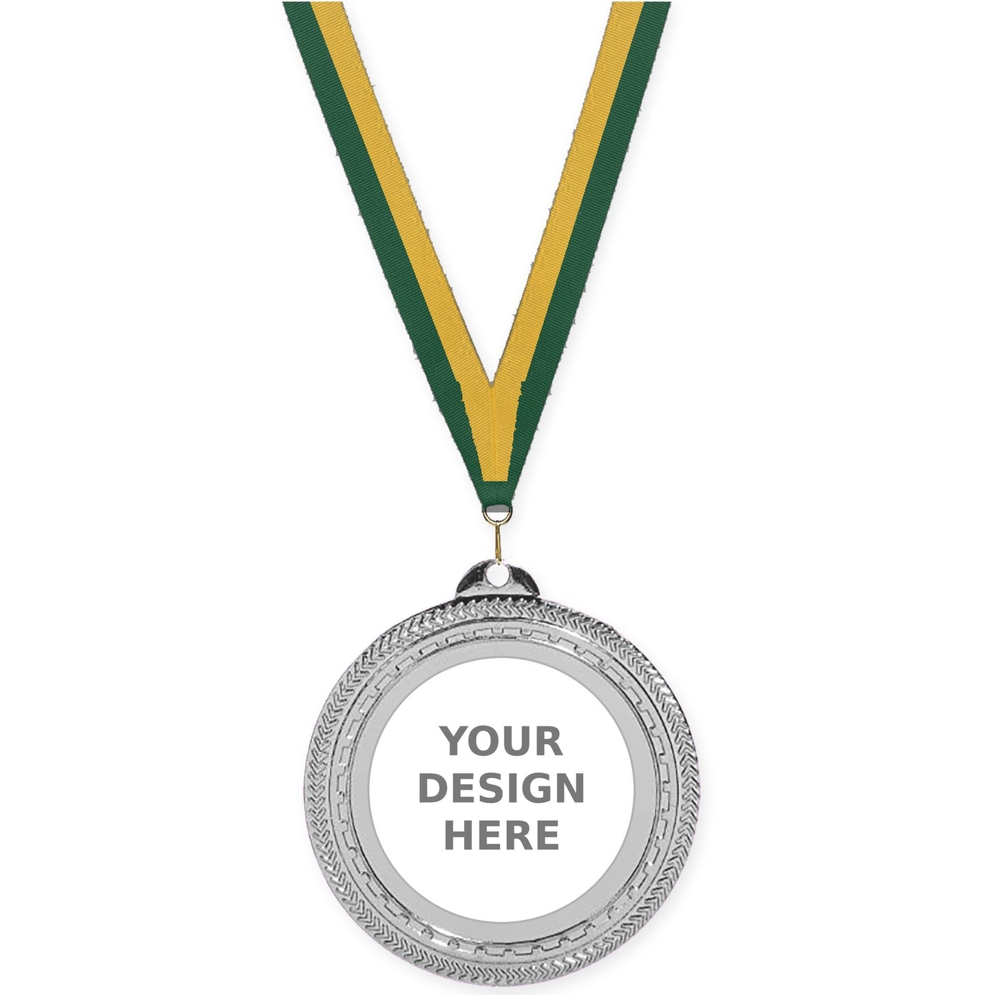 2 3/4 inch Rope Edge insert medal in bright silver with Hunter Green Gold neck ribbon