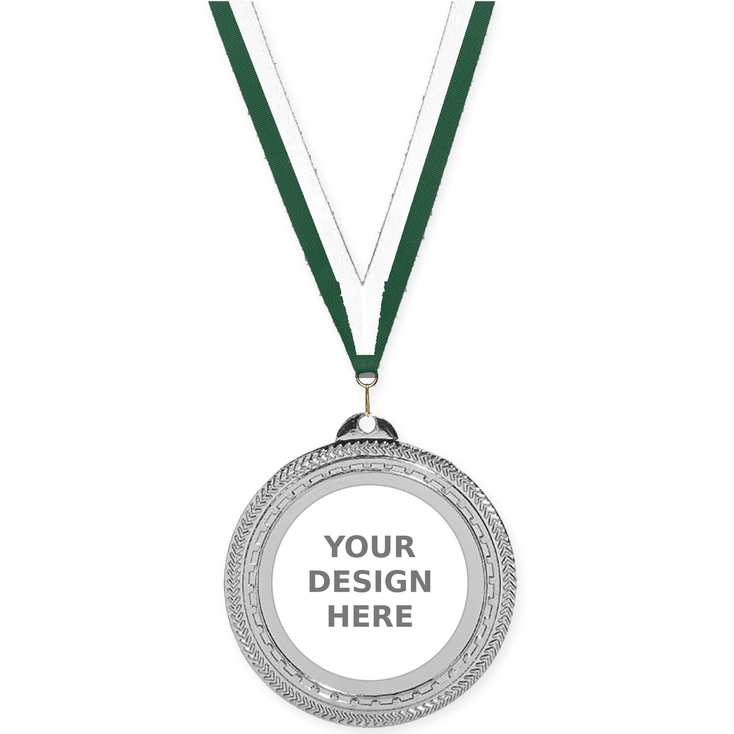 2 3/4 inch Rope Edge insert medal in bright silver with Hunter Green White neck ribbon