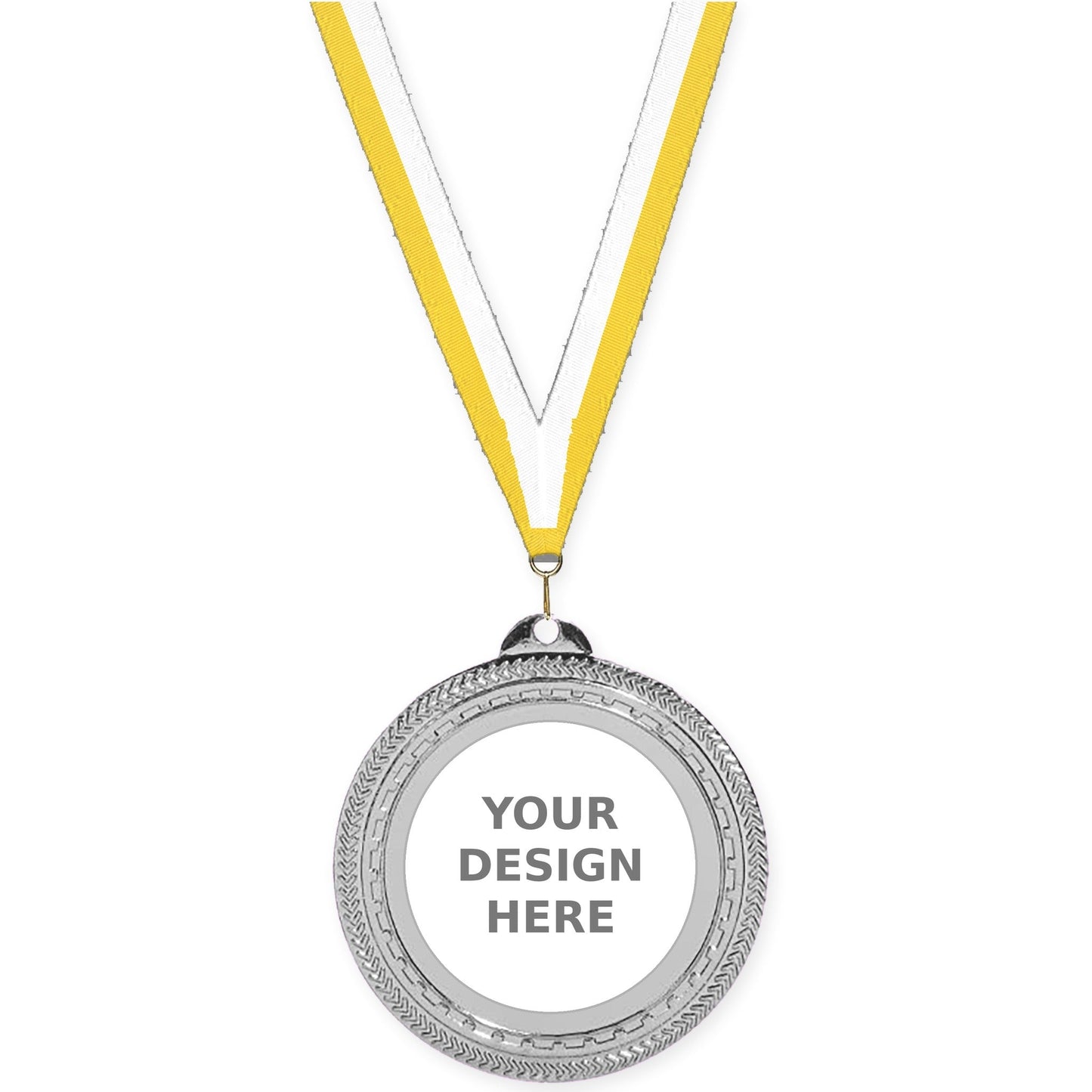 2 3/4 inch Rope Edge insert medal in bright silver with Yellow White neck ribbon