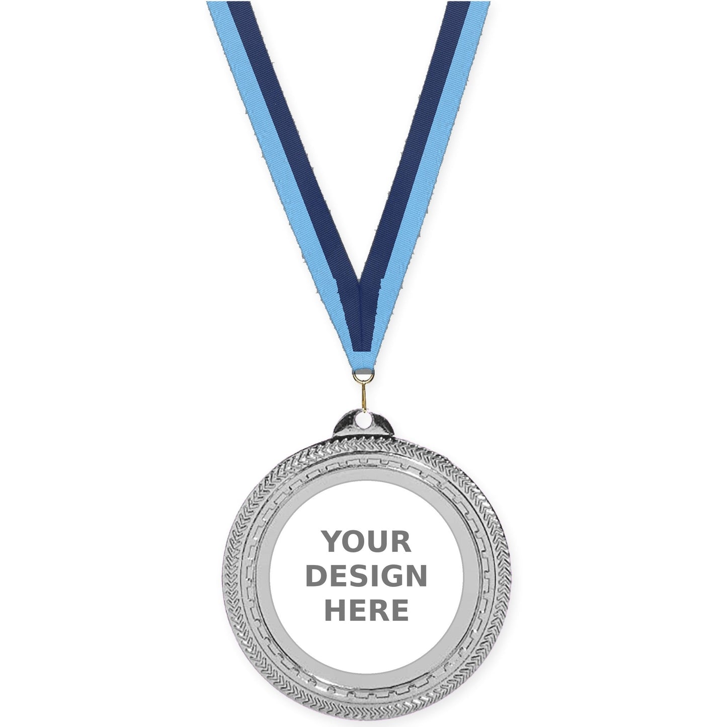 2 3/4 inch Rope Edge insert medal in bright silver with Light Blue Navy neck ribbon