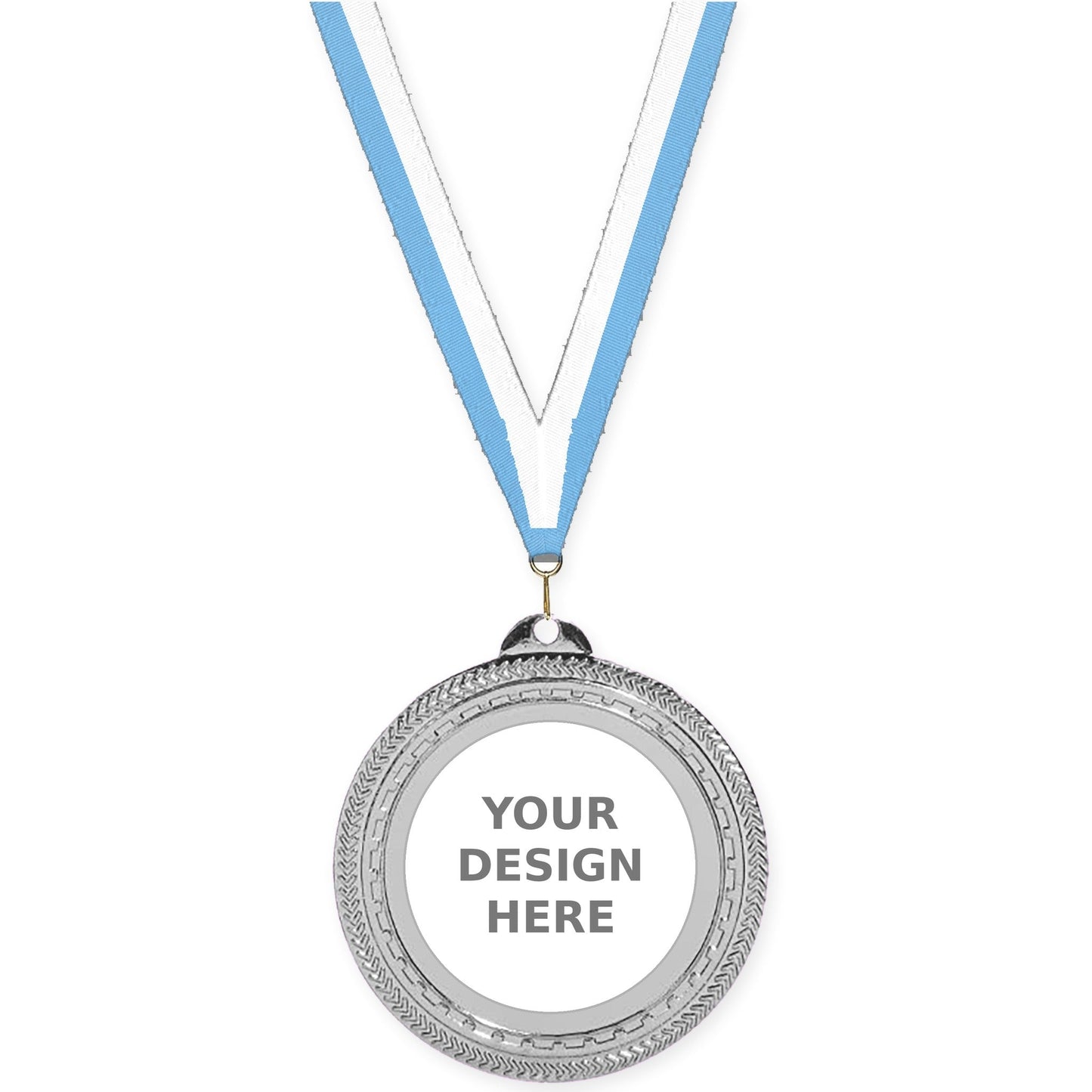 2 3/4 inch Rope Edge insert medal in bright silver with Light Blue White neck ribbon