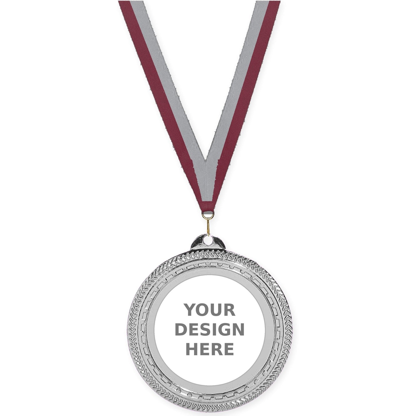 2 3/4 inch Rope Edge insert medal in bright silver with Maroon Gray neck ribbon