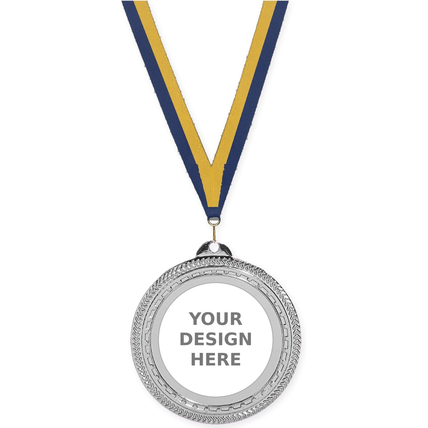 2 3/4 inch Rope Edge insert medal in bright silver with Navy Gold neck ribbon