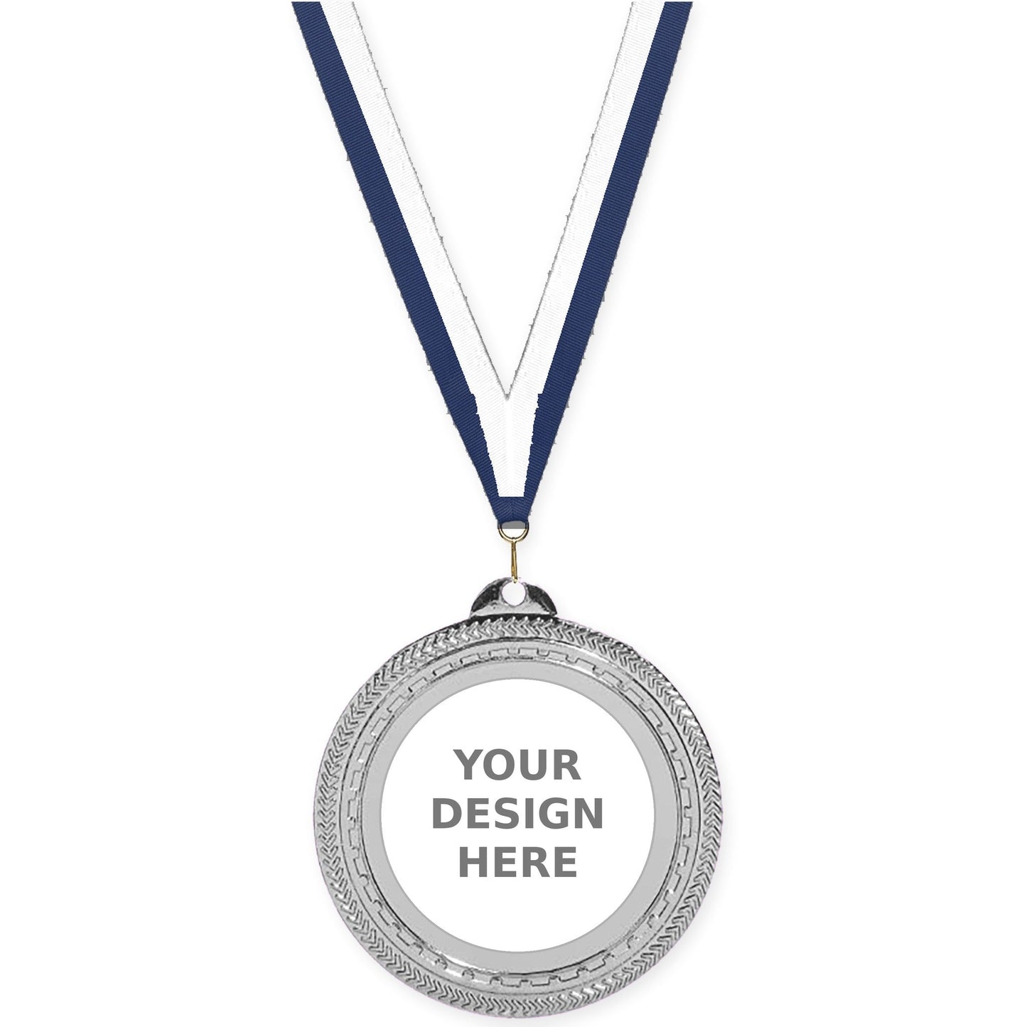 2 3/4 inch Rope Edge insert medal in bright silver with Navy White neck ribbon