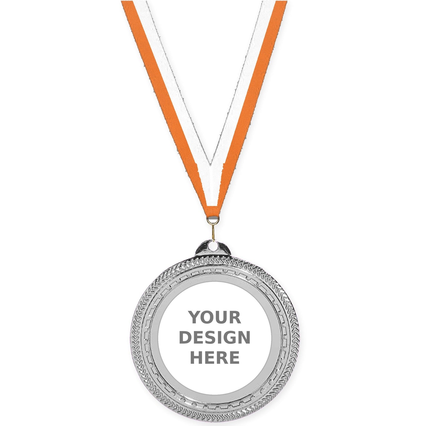 2 3/4 inch Rope Edge insert medal in bright silver with Orange White neck ribbon