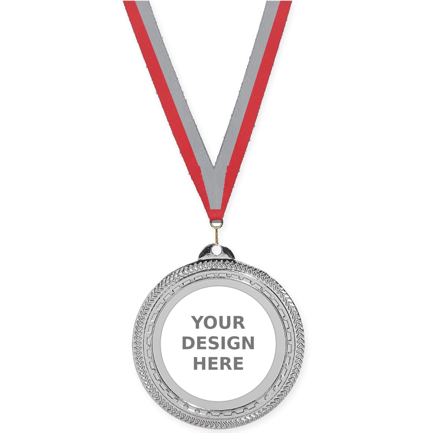 2 3/4 inch Rope Edge insert medal in bright silver with Red Gray neck ribbon