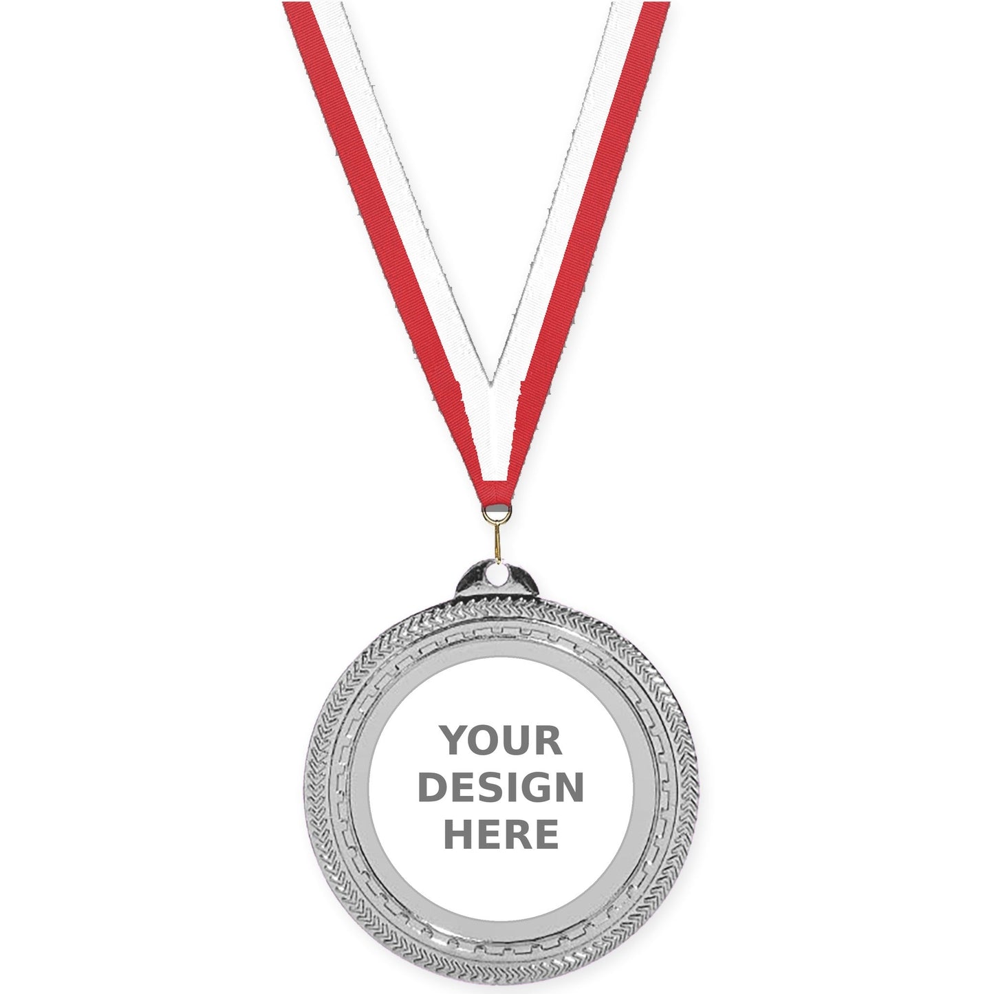 2 3/4 inch Rope Edge insert medal in bright silver with Red White neck ribbon
