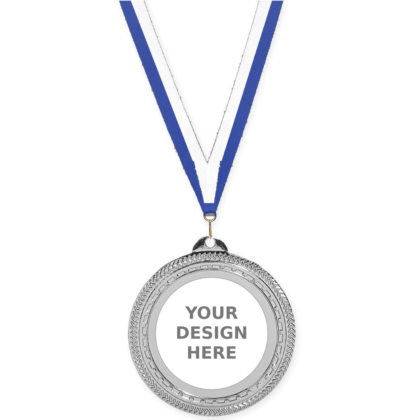 2 3/4 inch Rope Edge insert medal in bright silver with Blue White neck ribbon