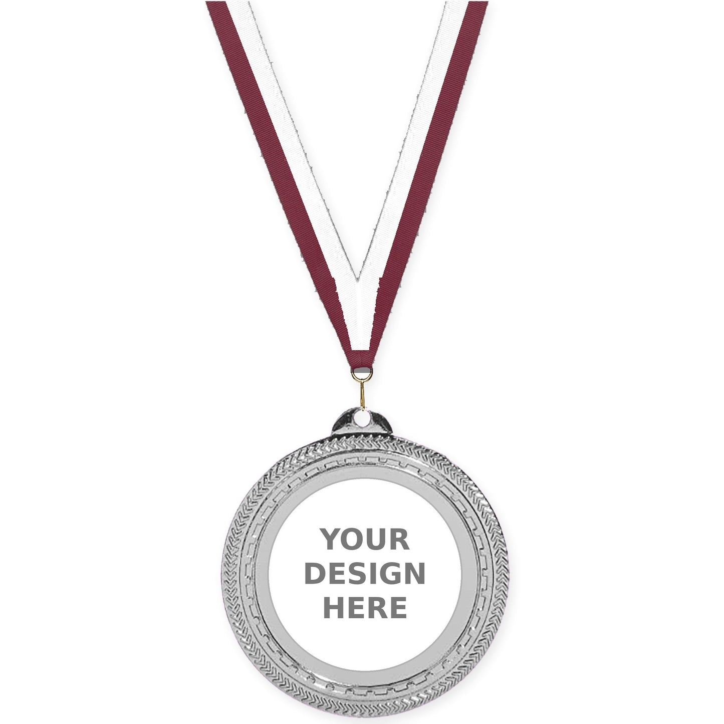 2 3/4 inch Rope Edge insert medal in bright silver with Maroon White neck ribbon