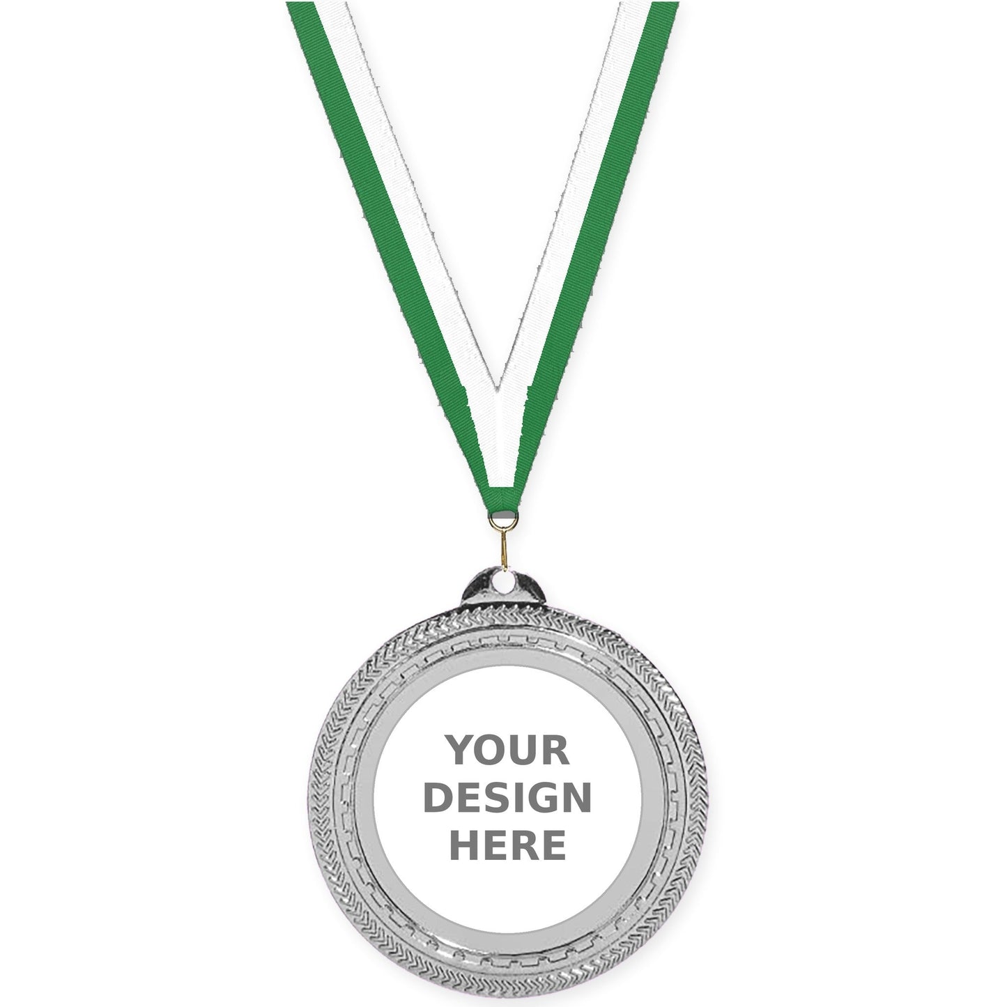 2 3/4 inch Rope Edge insert medal in bright silver with Green White neck ribbon
